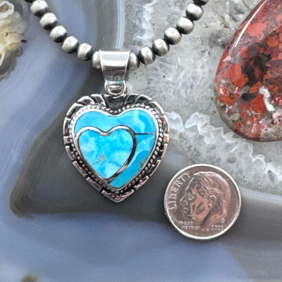 Native American Sterling Blue Ridge Turquoise Decorated Double Heart Pendant - Picture 8 of 10
